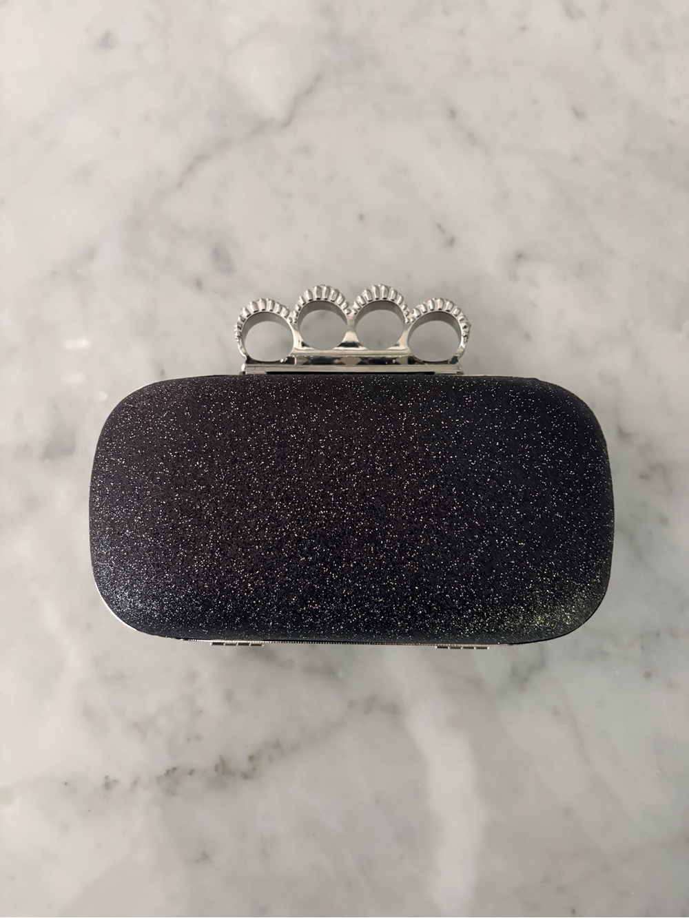 Arbonne Black Glitter Rhinestone Hard Case Knuckle Duster Evening Clutch